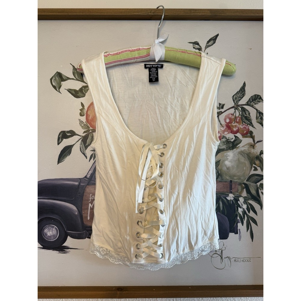 Coquette Lace Up Corset Style White Tank Top W Lace Border Size S Hot Topic
